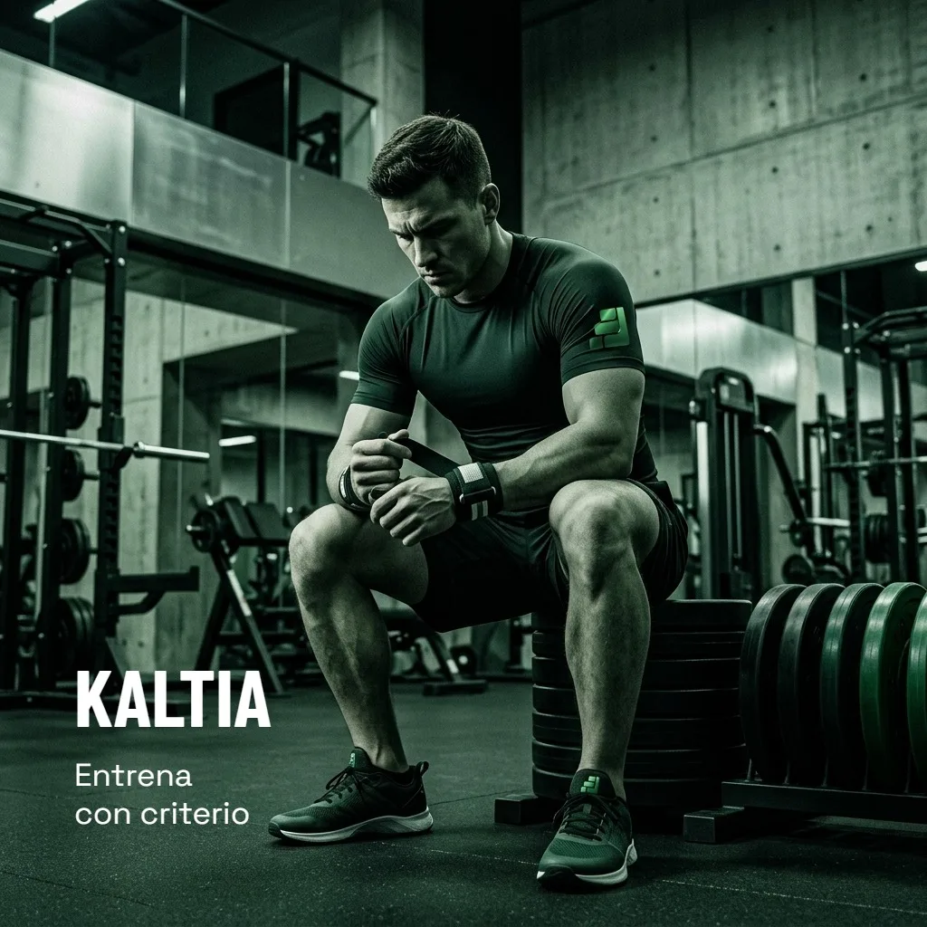 Fotografía de marca de KALTIA, marca de ejemplo: un atleta concentrado en un gimnasio de líneas modernas