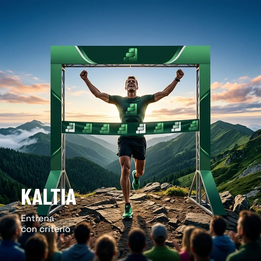 Registro fotográfico B de KALTIA: un corredor cruza la meta en lo alto de una montaña al amanecer